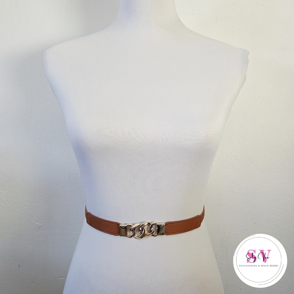 Brown Stretchy Belt With Gold Chain Buckle